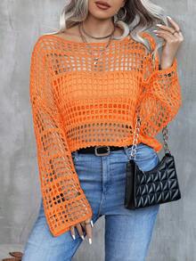 EMERY ROSE Plus Size Women's Casual Loose Knit Sweater With Off Shoulder Neckline, Hollow Out Sexy Flare Sleeve, Semi-Sheer Black Pullover, Spring/Autumn - Burnt Orange - View 4