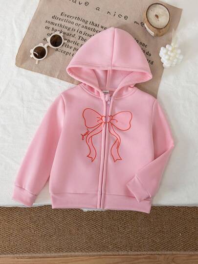 SHEIN Playful Pals 秋冬新款女童外套连帽衫拉链蝴蝶结印花百搭外套，适合儿童，糖果色系，带拉链，适合女孩，秋冬服装。
