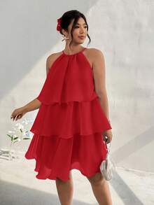 Firerie Váy bánh nhiều lớp thanh lịch cỡ lớn, nhẹ và thon gọn, thích hợp cho các buổi hẹn hò, tụ họp, tiệc tùng, không tay dành cho nữ, mùa xuân/hè - Đỏ - Xem 1