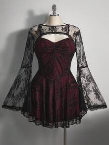 SHEIN ICON Váy ren phối màu cổ vuông cỡ lớn, váy dự tiệc Y2K tay loe, bộ hai mảnh ren nhún vai, trang phục Halloween - Màu Đỏ Sâu - Xem 4