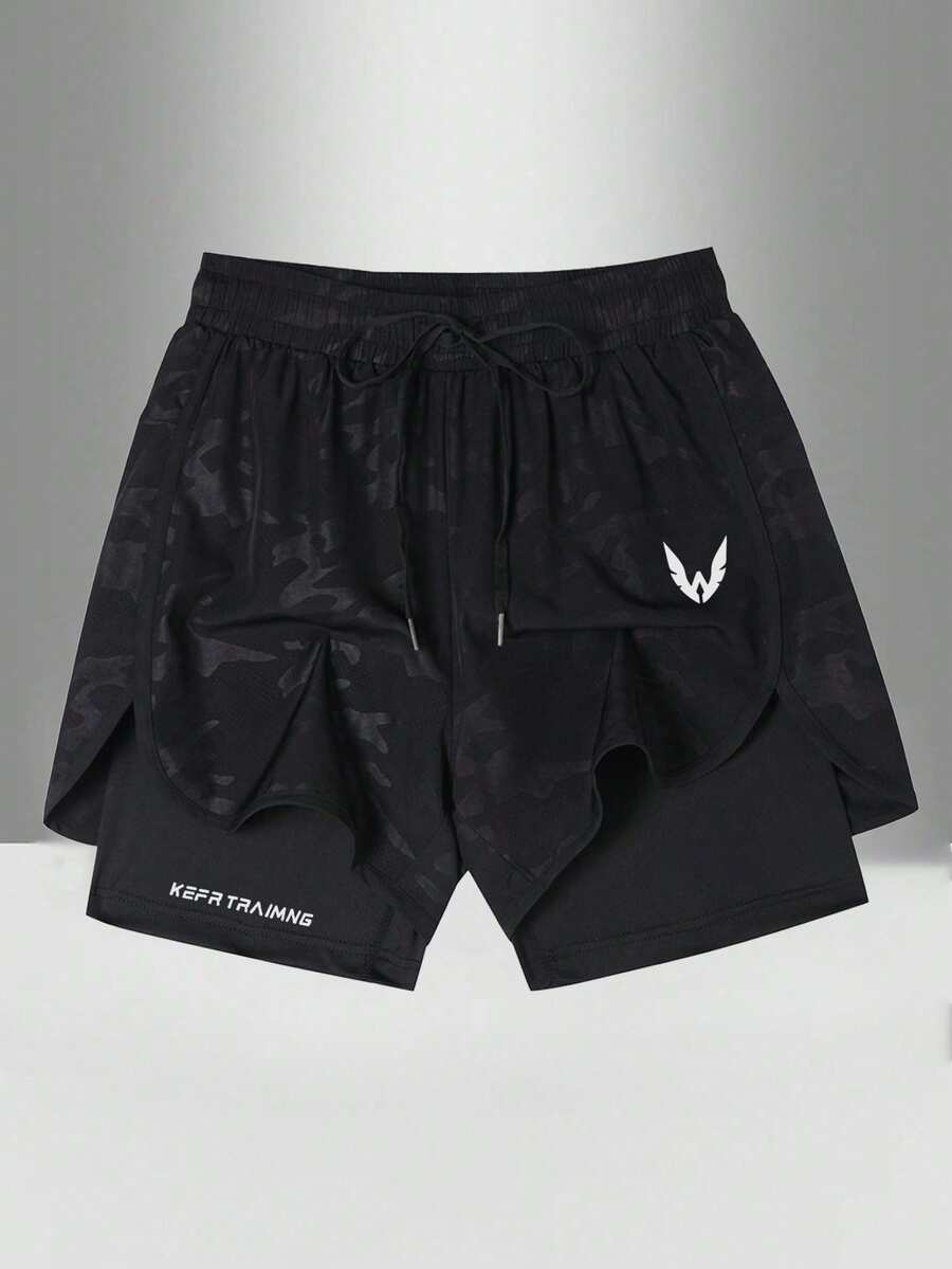 Gym Rark Men's Letter & Graphic Print Drawstring Waist Summer Sports Shorts,Black Running Athletic Gym Shorts - Black - View 1