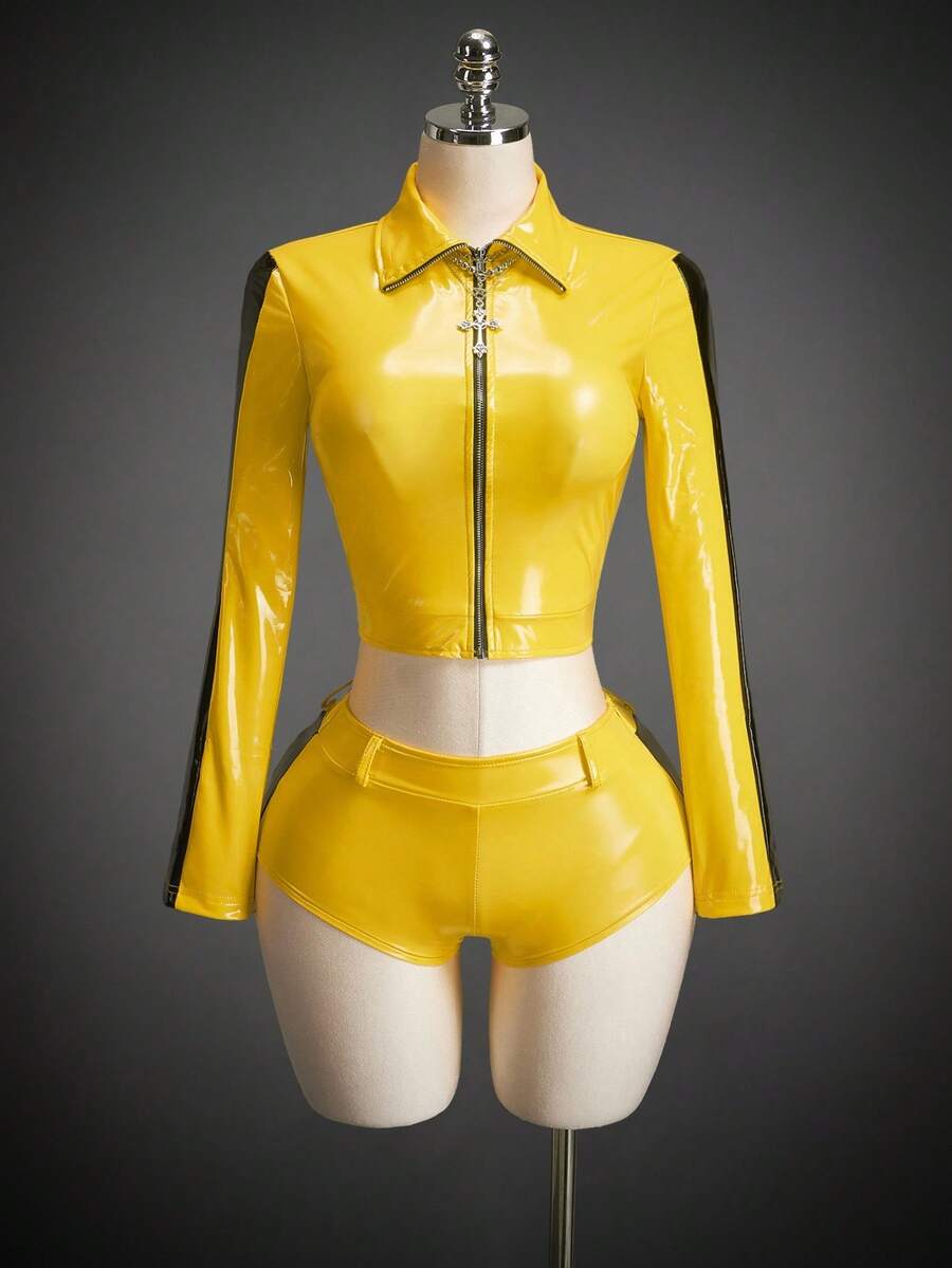 SHEIN ICON Women's Autumn And Winter Halloween COS Costume Sexy Avant-Garde Fashion Retro Yellow And Black Contrast Leather Stitching Slim-Fit Cropped Jacket Low Waist Shorts Suit - Yellow - View 1
