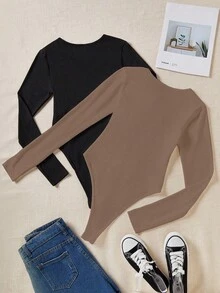 Elamini Conjunto de body de manga larga de unicolor informal - Café integral - Ver 2