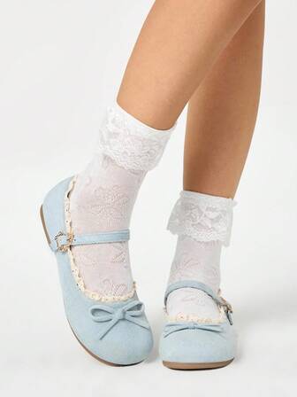 Kawaii Scarpe Mary Jane blu da donna, mocassini con punta chiusa, ballerine Lolita con fiocco e lacci