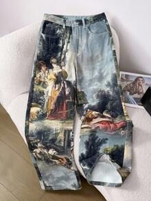 Comfortcana 人像和植物印花闊腿牛仔褲 - 彩色 - 查看 3