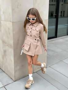 SHEIN 2pcs/Set Girls Jacket + Casual Cargo Shorts Set, Long Sleeve Cropped Jacket & Pants, Spring/Autumn Fall Winter