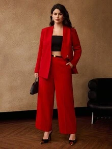 MOTF PREMIUM 大码斜领纯色西装外套（配链条腰带） - 紅色 - 查看 7