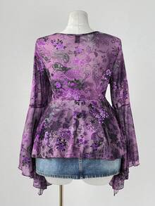 Sunspun Áo cánh tay loe họa tiết hoa hạt điều cổ chữ V xếp nếp chắp vá cỡ lớn dành cho nữ - Nhiều màu - Xem 2