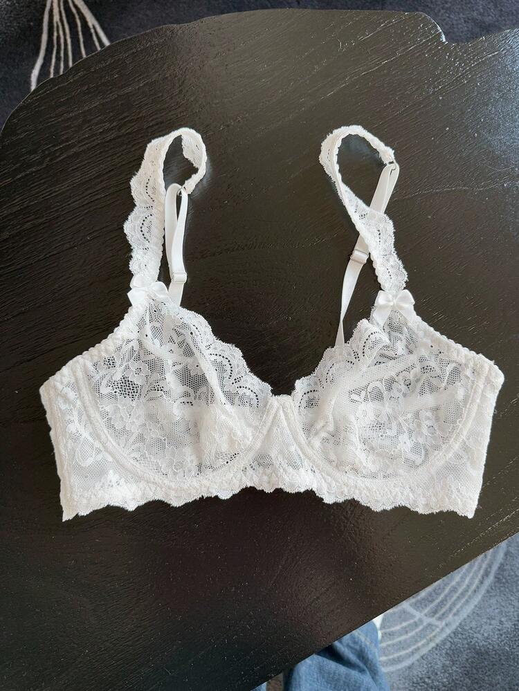 Adjustable Strap Lace Semi-Sheer Bowknot Ruched Bust Support Bra For Women Lingerie For Women