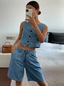 Livesso 女士休闲牛仔背心和短裤两件套 - 中等水洗藍 - 查看 2