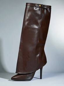 SHUZIA Women's Glamorous Pointy Toe Fold-Over Calf Stiletto Heel Knee High Boots For Christmas - Chocolate Brown - View 2