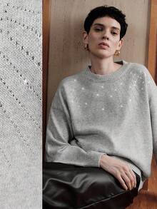 Uhlyne Uhlyne Minimalist Grey Knitted Women Sweater, Long Sleeve Crew Neck, Simple Commuting Fashion Office Church Wedding Party Comfortable Teacher Sweater With Rhinestones, Autumn/Winter