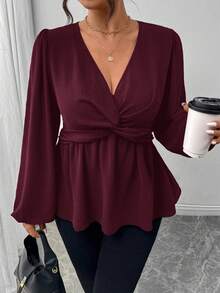 Firerie 大码休闲扭纹下摆长袖衬衫，绿色 - 玫瑰紅 - 查看 5