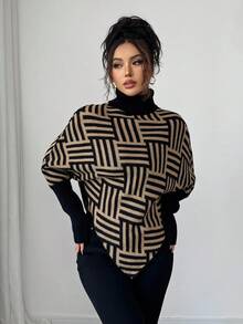 Elenzga Women's Elegant High Neck Geometric Textured Poncho Sweater, Colorblock, Suitable For Home & Travel, Spring/Autumn - Black - View 3