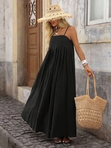 Brillora Vestido de ajuste holgado de unicolor tejido con tirantes de espagueti, para mujeres, apto para primavera y verano - Negro - Ver 6
