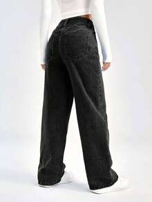 SHEIN Cottnline 100%Cotton Loose Wide Leg Denim Pants With Slant Pockets - Black - View 2