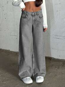 SHEIN Cottnline LOW RISE WIDELEG LIGHT BLUE PINKY JEAN - Grey - View 3