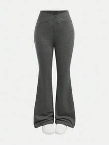SHEIN Girlism 少女简约纯色深灰色裹身高腰喇叭裤，适合日常休闲穿着、返校季、秋冬季日常穿着，也可作为母女装，时尚秋季母女喇叭裤 - 深灰色 - 查看 2