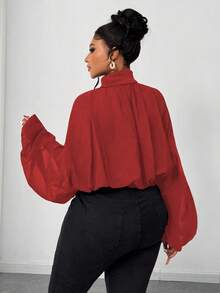 Maweii Blus Fashion Longgar Berlipit Lengan Lentera Leher Tinggi Warna Polos untuk Wanita Ukuran Plus, Warna Natal - Merah - View 6