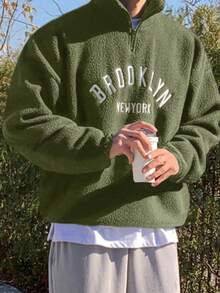 DAZY Men's Casual Letter Embroidery Pullover Sweatshirt, Autumn/Winter Quarter Zip Men