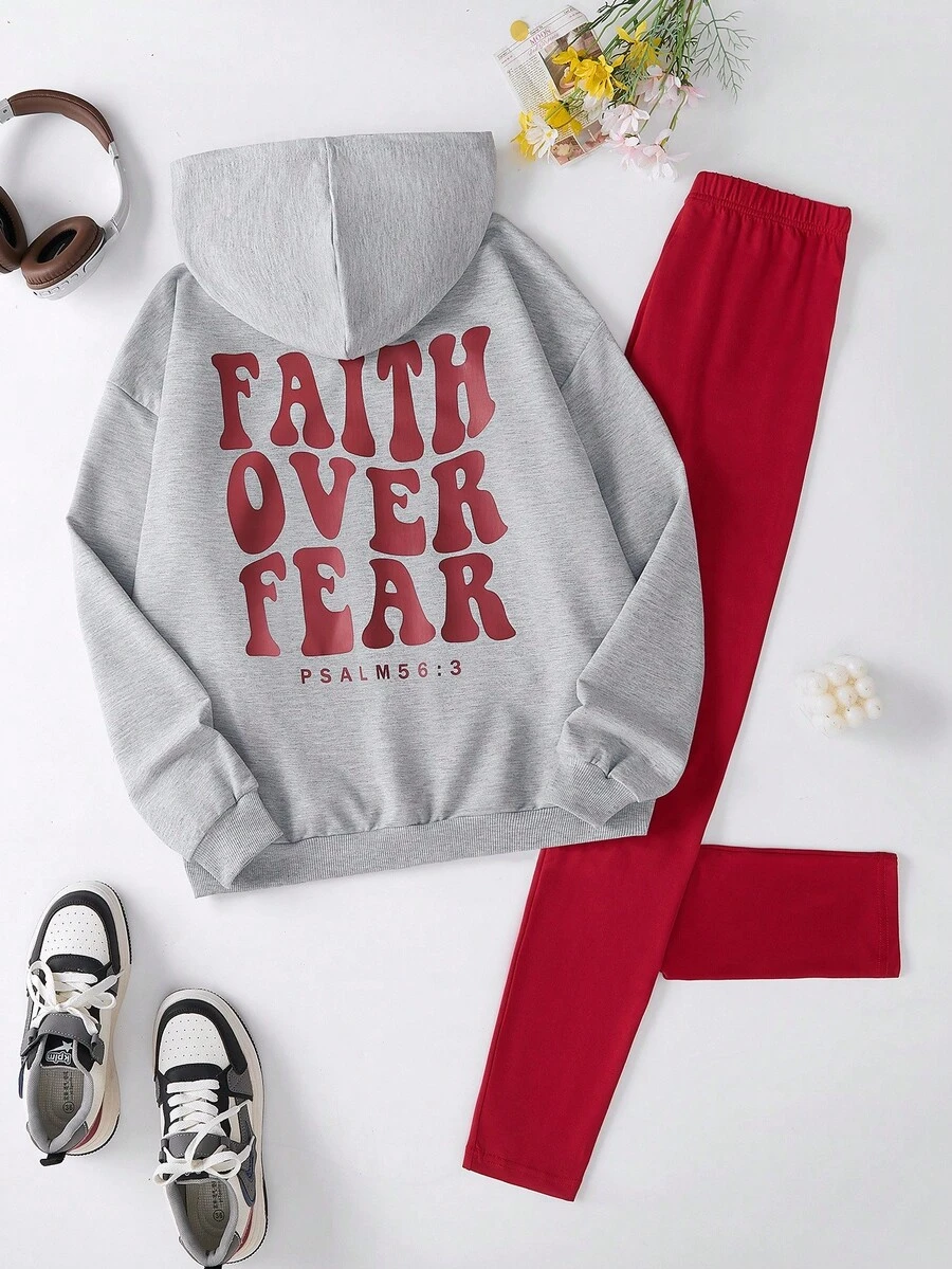 Sparklyn 2pcs/Set Casual Loose Fit Pink Hoodie Sweatshirt With Letter Print + Black Leggings, Teen GirlAutumn Outfit Fall Winter - Grey - View 1