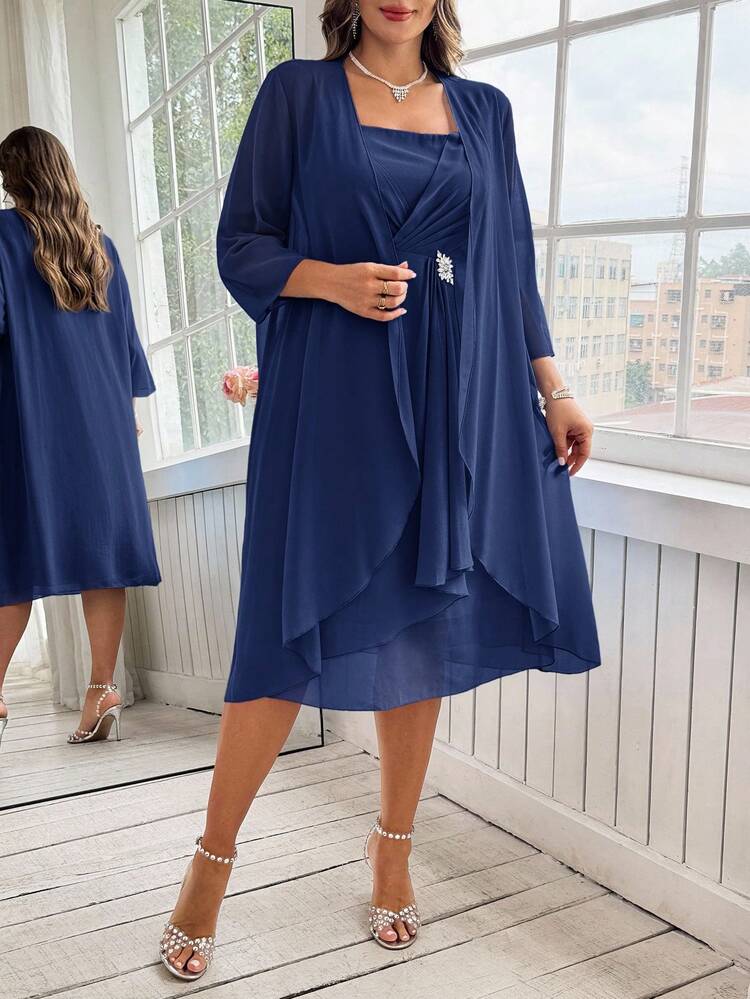 Ellevyn 大码女式纯色七分袖前开襟夹克和粗肩带连衣裙优雅套装 - 藏蓝色 - 查看 13