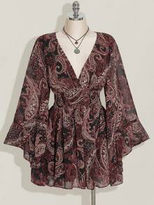 SHEIN ICON 加大码佩斯利印花雪纺喇叭袖 V 领 A 字形连衣裙，波西米亚风、嬉皮风、Y2K 风，适合秋季、游牧风格、暑假、音乐节、毕业典礼和返校季 - 彩色 - 查看 3