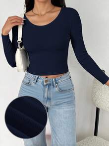 SHEIN EZwear 海军蓝女式休闲简约圆领罗纹面料修身长袖打底 T 恤，适合秋冬季 - 藏蓝色 - 查看 1