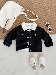 Playful Pals 男婴黑色灯芯绒纽扣前口袋仿毛领长袖夹克，休闲舒适，适合外出或休闲，百搭秋冬 - 黑色 - 查看 7