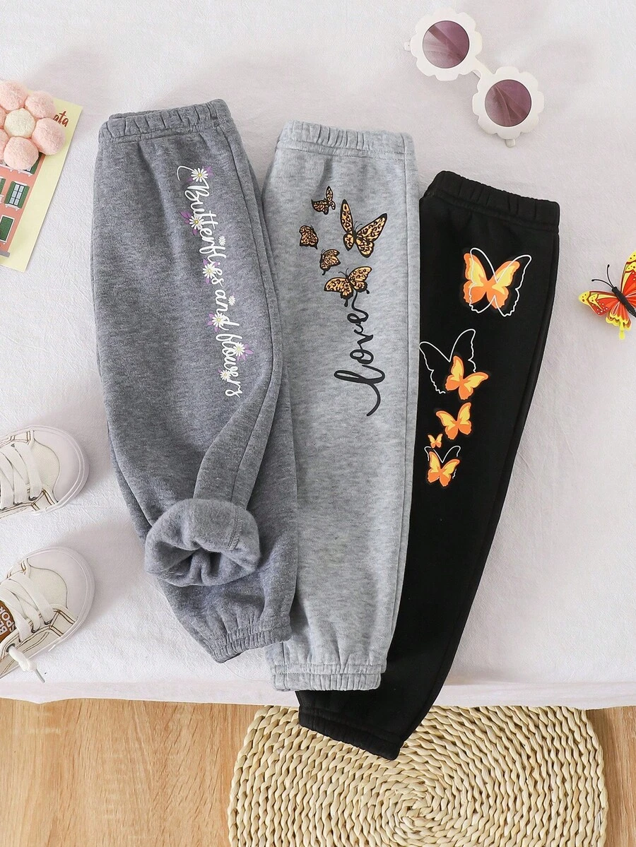 SHEIN 3 件套女婴可爱休闲百搭蝴蝶图案羊毛松紧腰裤，秋冬 - 彩色 - 查看 1