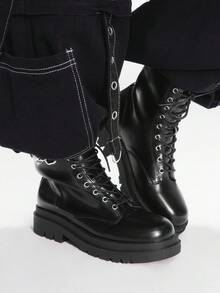 Sugerpunk Women's Gothic Style Round Toe Chunky Heel Boots With Metal Buckle Design, PU Leather, Punk, Suitable For Party, Daily Wear, And Casual