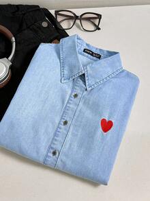Comfortcana 心形宽松牛仔长袖休闲衬衫春假装 - 藍色 - 查看 3
