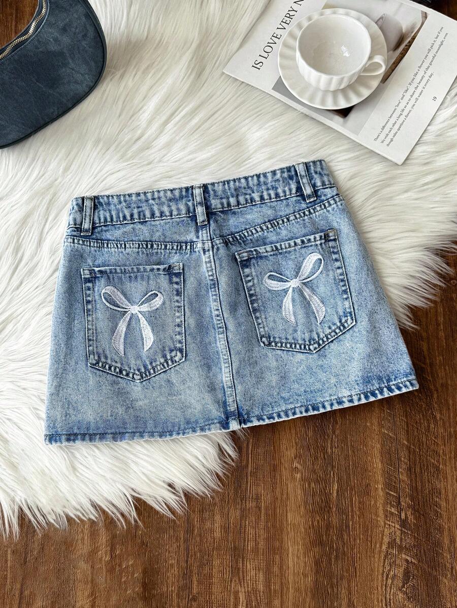 Comfortcana Women's Blue Denim Skirt Low Waist Mini Skirt, Exquisite Bow Embroidery Summer Denim Skirt College Style, Going Out - Light Wash - View 1