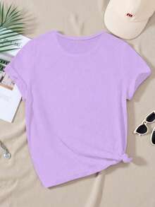 SHEIN Tween Girl Butterfly Print Round Neck Short Sleeve Casual T-Shirt - Purple - View 2