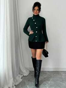 Selianne Elegant Bell Sleeve Cinched Waist Green & Gold Decorative Button Sweater, Autumn/Winter Fall Cloth For Women - Green - View 4