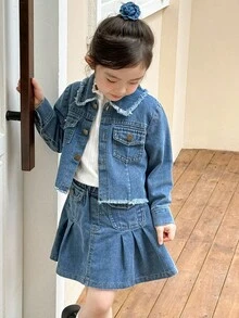 Genkimix Kids 时尚少女牛仔两件套：短款外套+时尚半裙，秋冬季休闲穿搭 - 深色水洗藍 - 查看 4