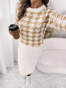 SHEIN Clasi Conjunto de 2 piezas de suéter de manga larga de cuello redondo con contraste blanco elegante y refinado para uso diario, y falda midi de rayas verticales de unicolor para otoño/invierno