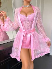 SHEIN 2pcs Set: 3D Floral Lace Robe + Fishbone Waist Design Lace Camisole Nightgown Pink Lingerie Dress Lingerie Robe Set Sheer Robe Mesh Robe - Pink - View 3