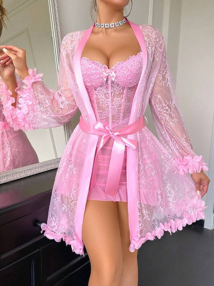 Seduluxe 2pcs Set: 3D Floral Lace Robe + Fishbone Waist Design Lace Camisole Nightgown Pink Lingerie Dress Lingerie Robe Set Sheer Robe Mesh Robe - Pink - View 3