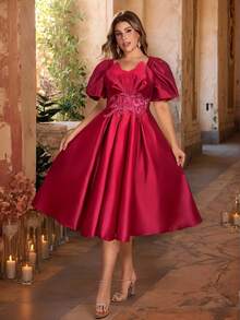 Aureia Plus Size Elegant Romantic Red Satin Asymmetrical Ruched Sweetheart Neck Puff Sleeve High Waist Luxury Applique Decor Extra-Large Dress Suitable For Evening Party, Singles Party, Date, Graduation, Formal Dance