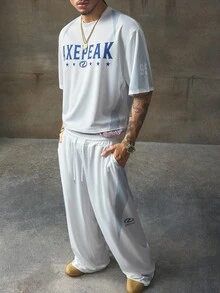 AXEPEAK Men's Contrast Color Patchwork Letter Print T-Shirt And Pants Set - Grey - View 3