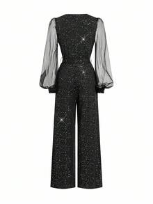 Ellevyn 女式 V 领针织弹力修身闪亮灯笼袖收腰修身黑色直筒裤，秋冬季长袖连体裤，适合万圣节 - 黑色 - 查看 4