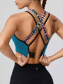 Easithlete Sexy Criss-Cross Back Letter Print Racerback Sports Bra With Adjustable Clasp Cross Back Sports Bra Color Block Sports Bra Workout Top Open Back Workout Tops Backless Open Back Gym Tops - Baby Blue - View 1