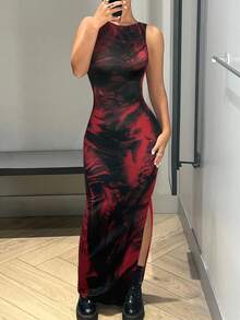 SHEIN ICON Graphic Print Split Thigh Tank Long Dress Ankle Length Dress,Wedding Guest Dress - Red - View 4