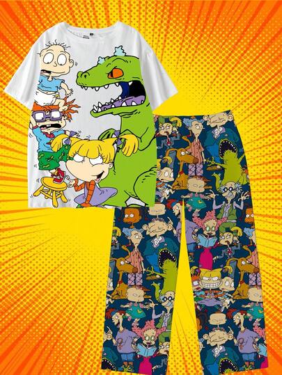 Nick 90s | SHEIN 春夏服装狂欢音乐会节西部牛仔女郎街头复古 90 年代 Y2K 白色卡通漫画恐龙印花加大码上衣和宽松裤子睡衣套装