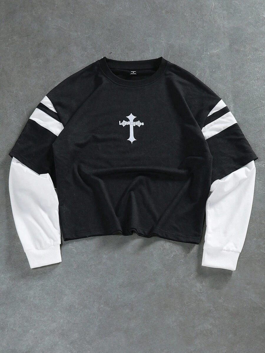 Manfinity Roghcode Manfinity Streetrush Casual Loose Fit Crew Neck Long Sleeve Pullover Sweatshirt For Men Cropped Long Sleeve Men Jersey Cropped Sweatshirt, For Fall - Black and White - View 1