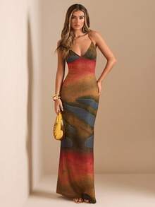 SHEIN BAE Váy Maxi tay dài in họa tiết, nhuộm loang, màu trơn thu đông, váy ôm sát cổ yếm hở lưng thanh lịch, gợi cảm, phù hợp cho những dịp trang trọng, tiệc cocktail, câu lạc bộ - Nhiều màu - Xem 2