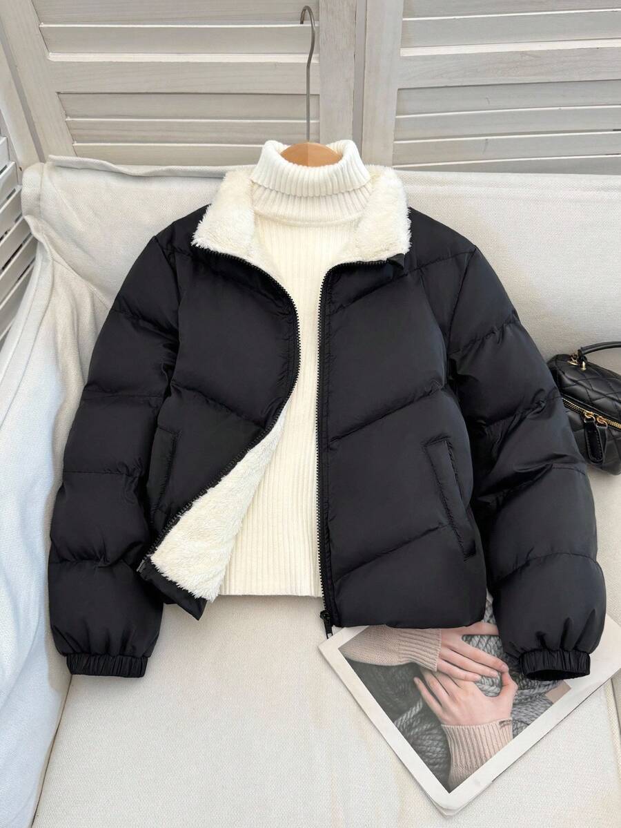 SHEIN معطف مبطن بياقة عالية مريح وعصري للفتيات المراهقات، بطول محصور وقصير، سهل الارتداء، مزود بسحاب، بتصميم بسيط وكاجوال للاستخدام اليومي، مُسمك للشتاء - الأسود - مشاهدة 1