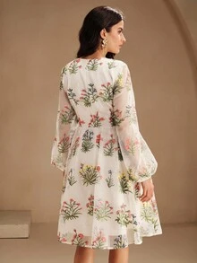 Anewsta Vestido de noche bohemio para mujer, vestido de graduación con escote en V, vintage, vestido de fiesta con estampado floral, vestido de novia - Blanco - Ver 2