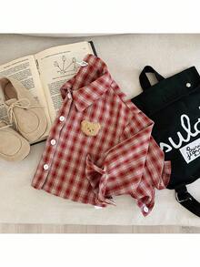 年轻女孩编织格子短款休闲衬衫 - 紅色 - 查看 5